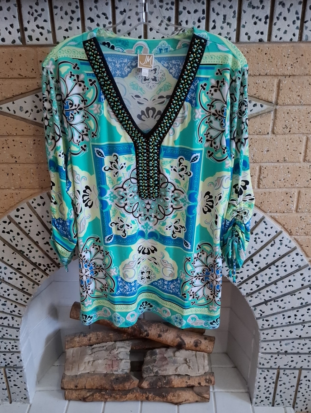 JM Collection Teal & Aqua Embellished V-Neck Tunic